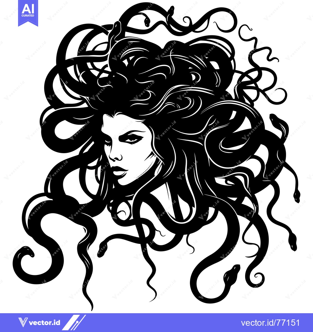 Premium Vector of A Black and White Illustration of Medusa, the Gorgon with Snakes for H