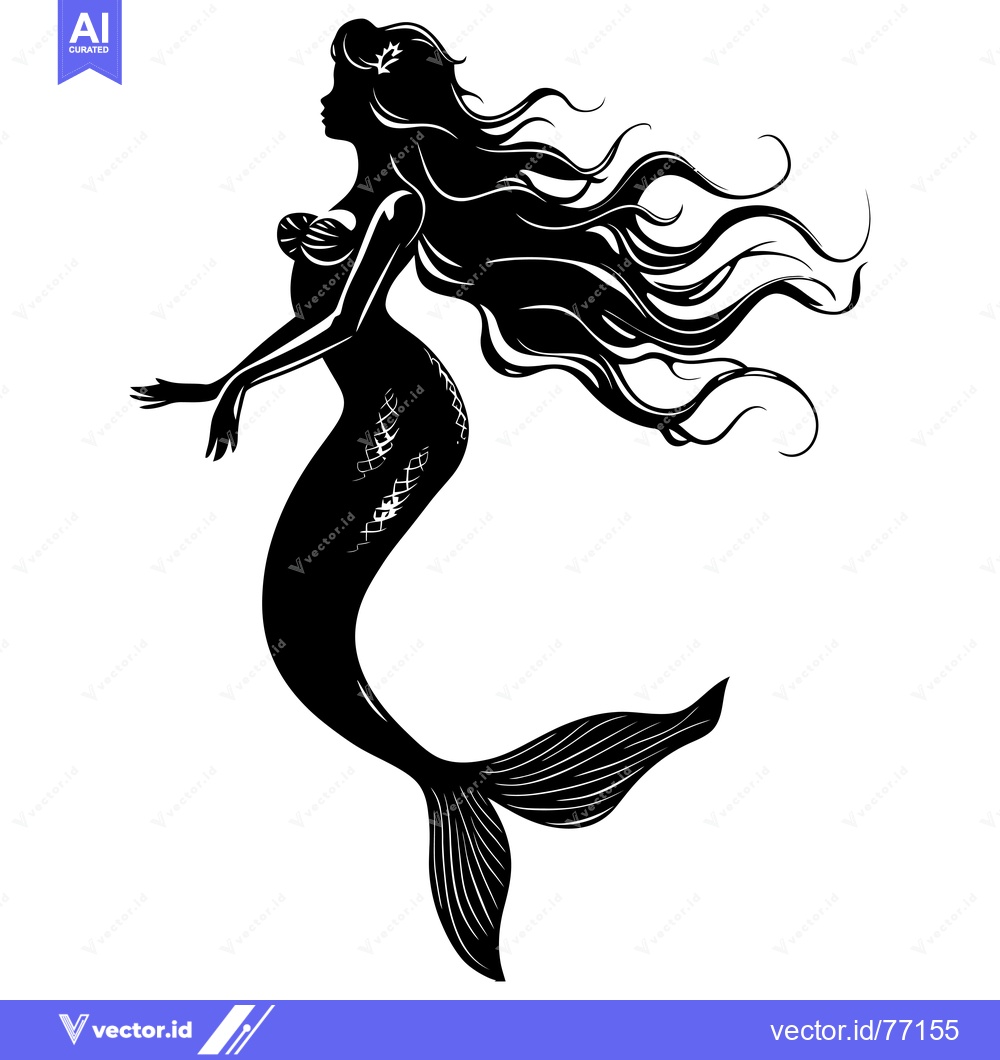 Premium Vector dari Silhouette of a Mermaid with Flowing Hair and Tail