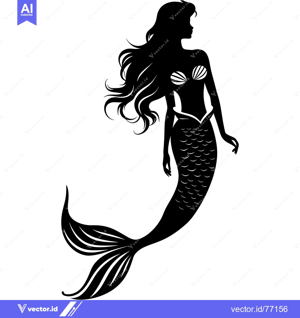 Premium Vector dari Black and White Silhouette of a Mermaid with Long Hair