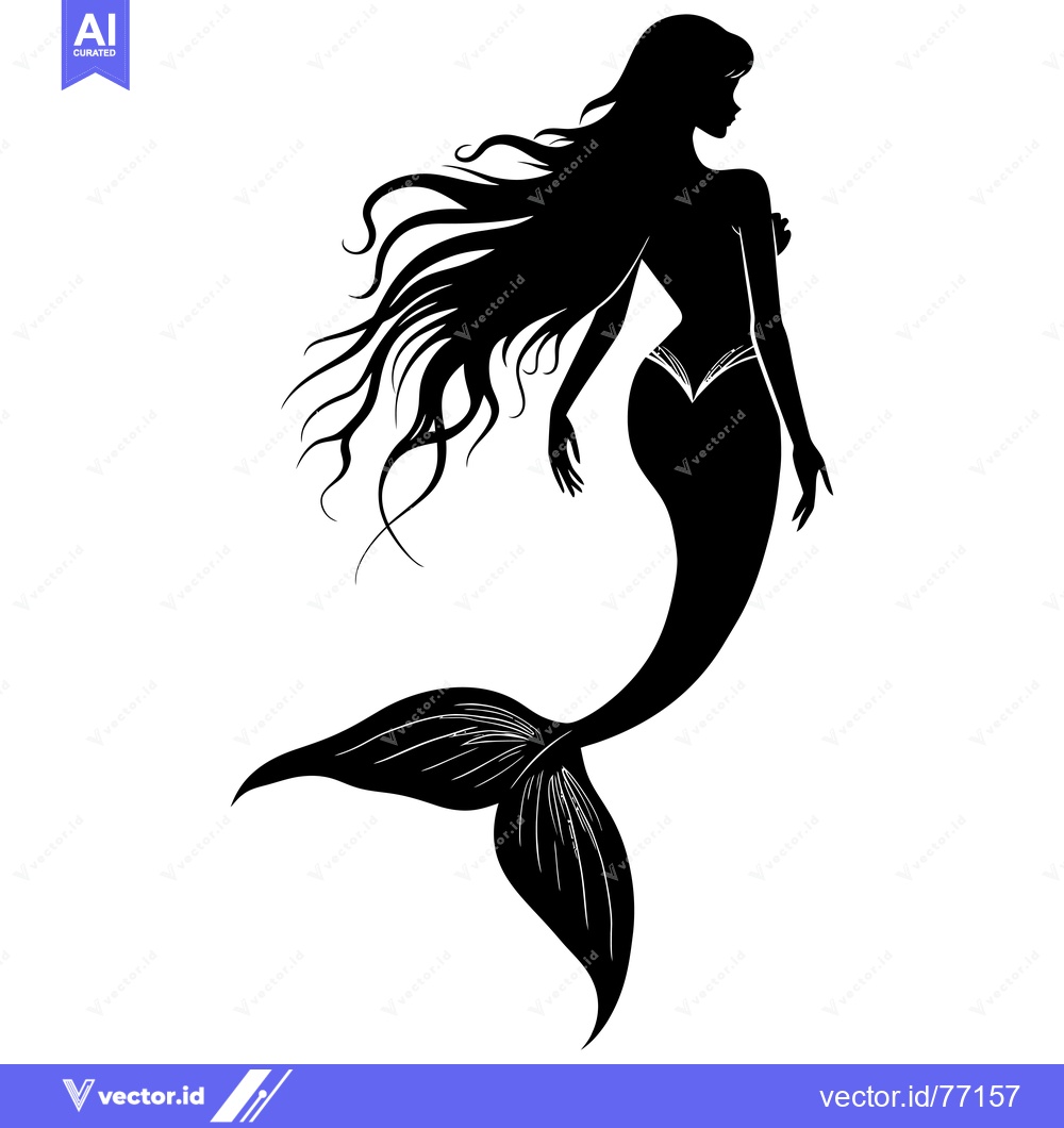 Premium Vector dari Black and White Silhouette of a Mermaid with Flowing Hair