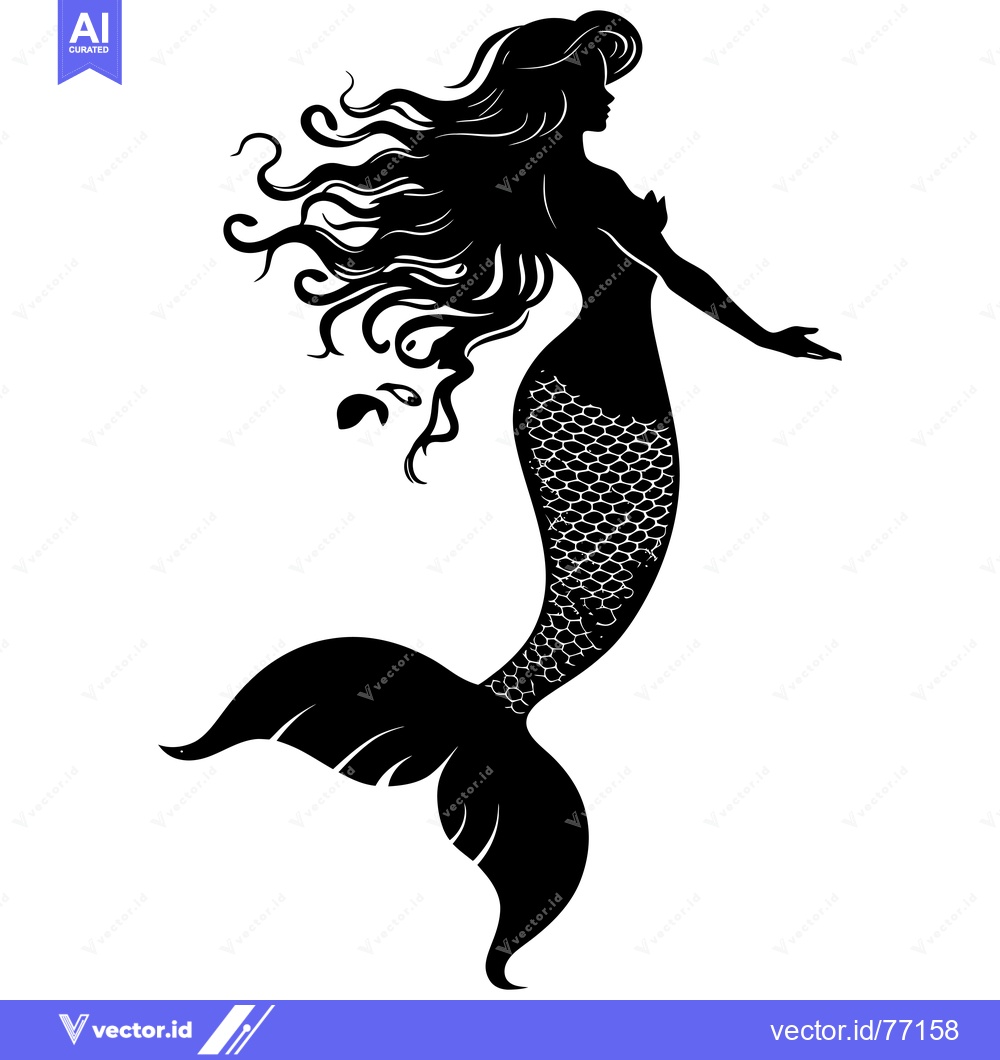 Premium Vector dari Black and White Silhouette of a Mermaid with Long Flowing Hair and a S