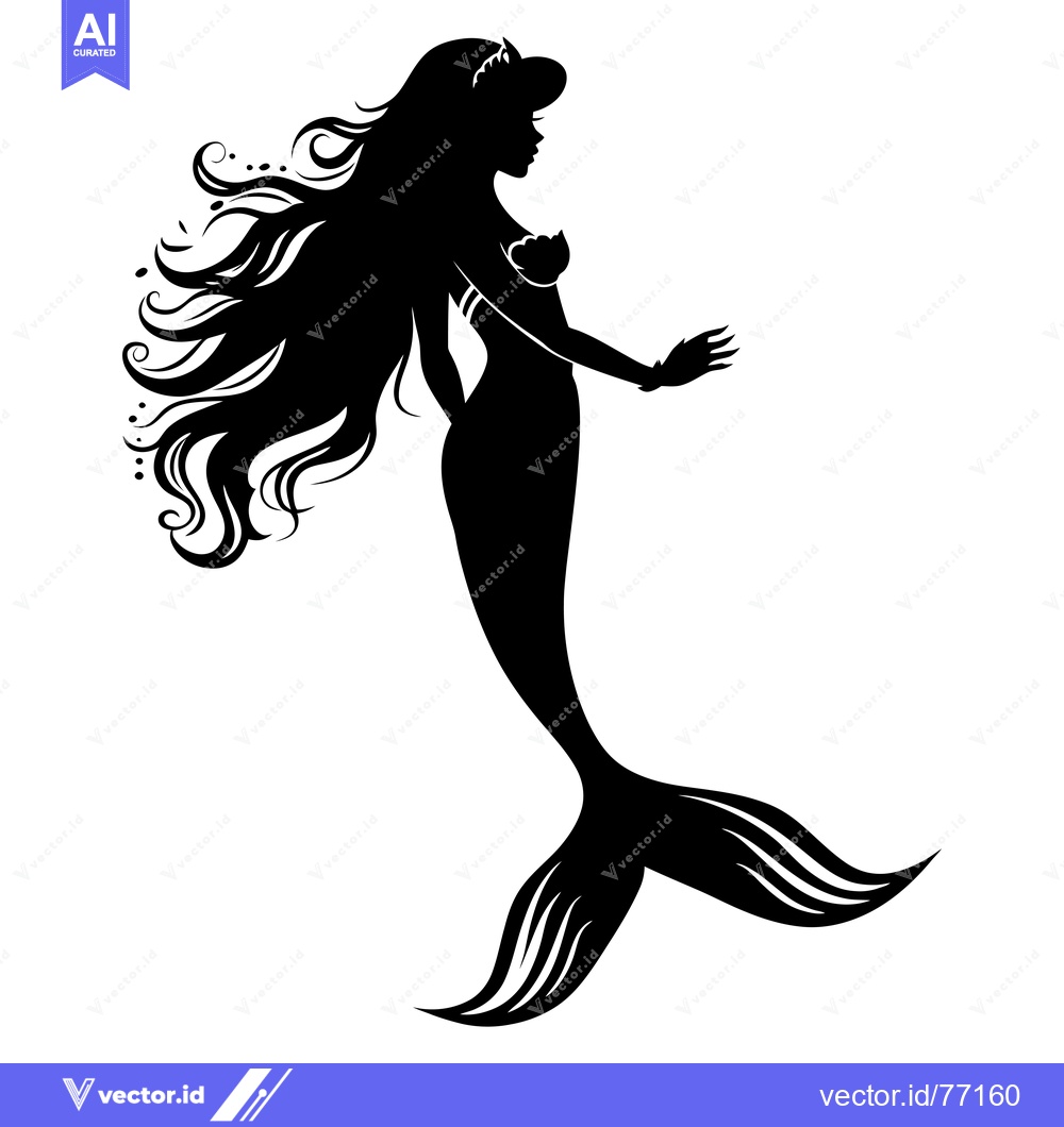 Premium Vector of Black Silhouette of a Mermaid with Flowing Hair and a Crown