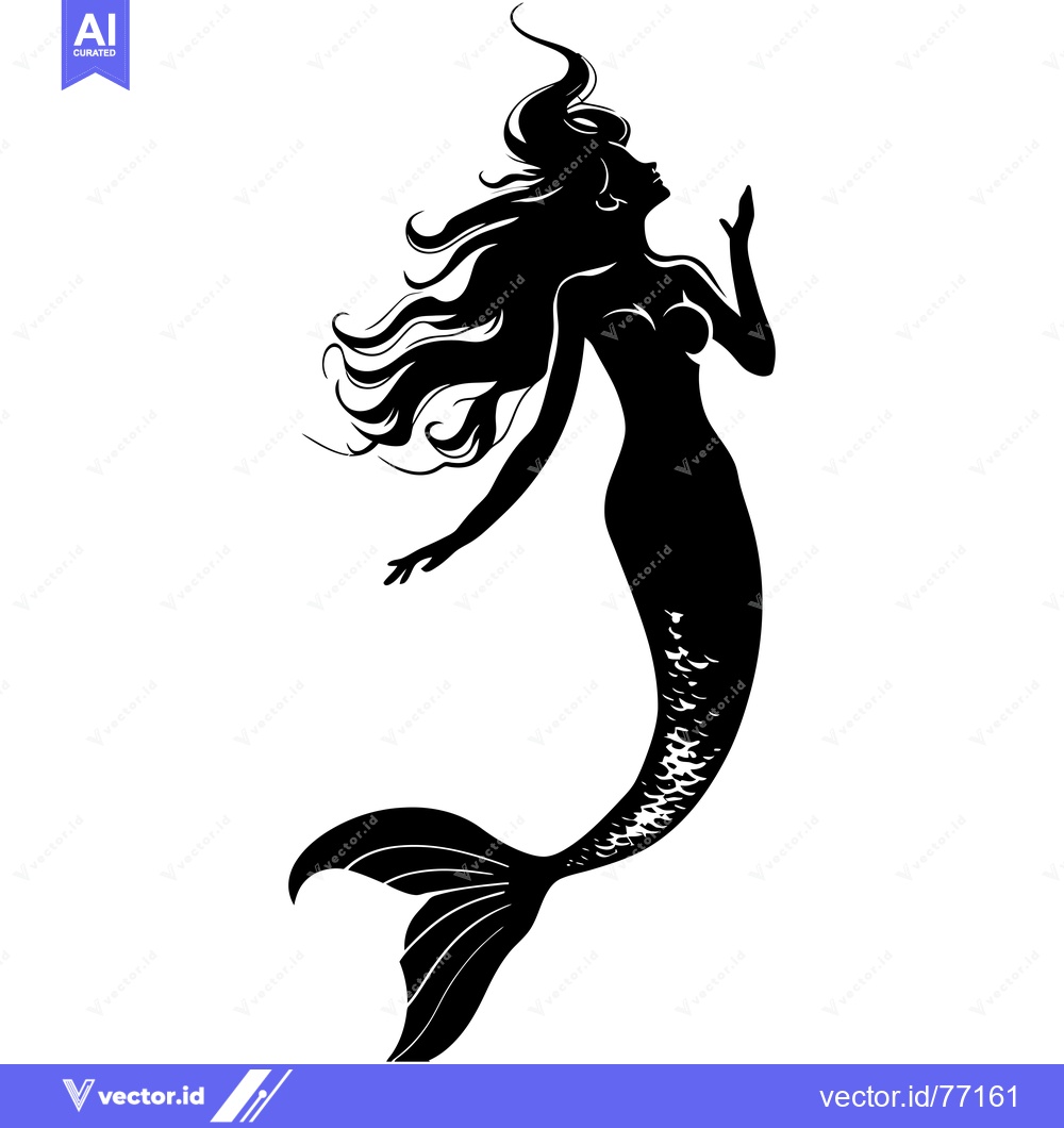 Premium Vector of A Black and White Silhouette of a Mermaid with Flowing Hair