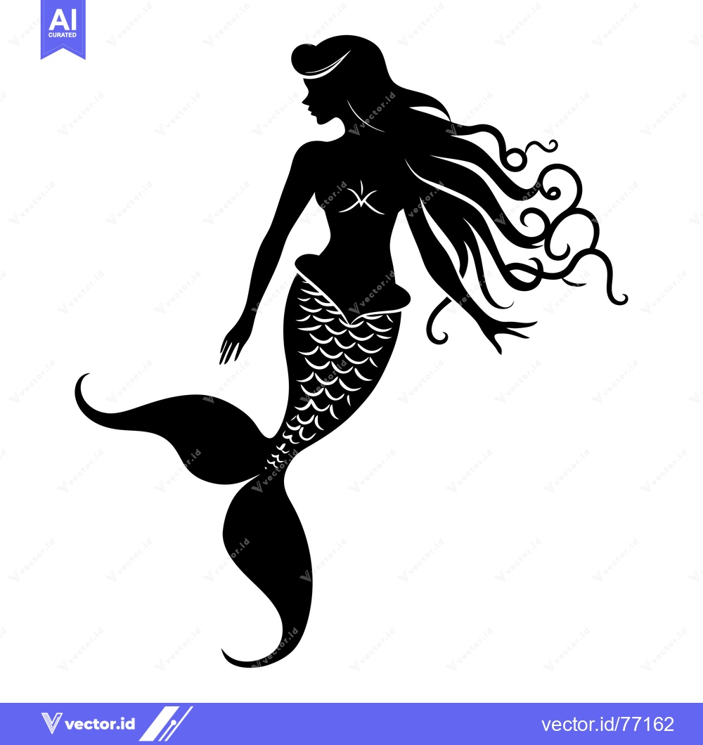 Premium Vector of Black and White Silhouette of a Mermaid with Long Flowing Hair