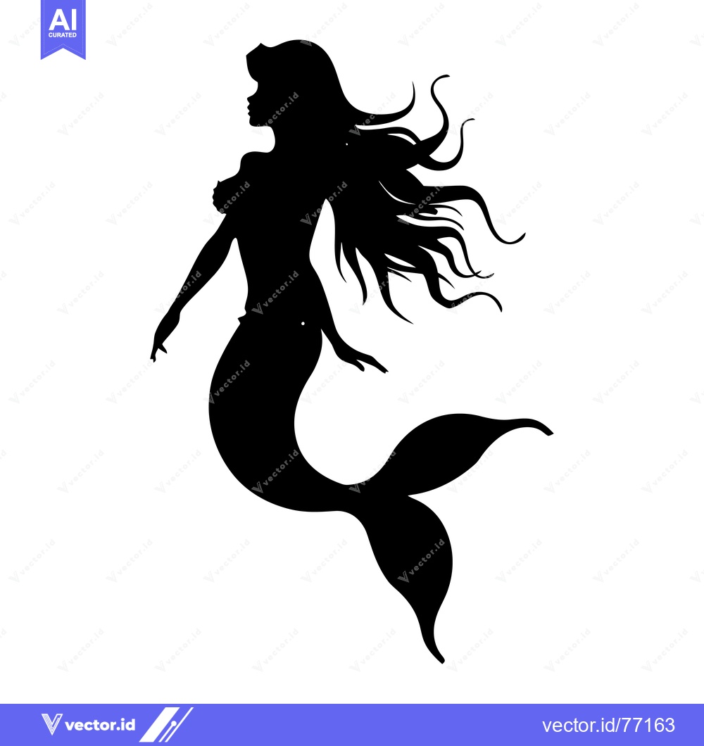 Premium Vector dari A Black and White Silhouette of a Mermaid with Flowing Hair
