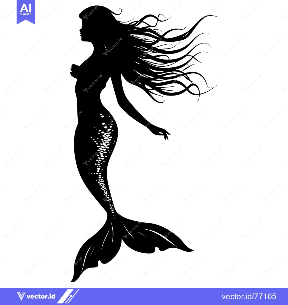Premium Vector of Black Silhouette of a Mermaid with Flowing Hair and Scaled Tail