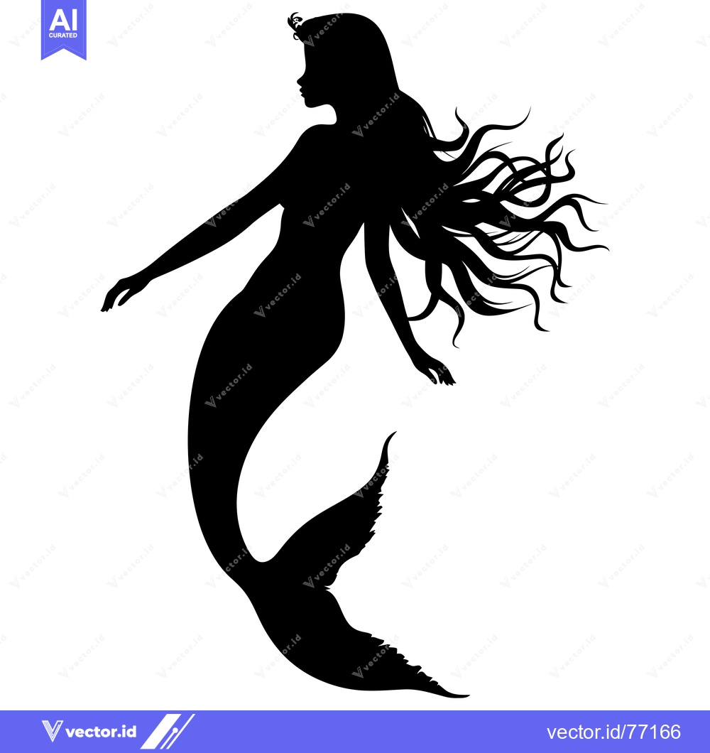Premium Vector dari Black and White Silhouette of a Mermaid with Long Flowing Hair and a C