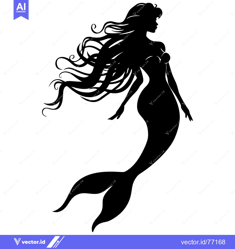 Premium Vector of Silhouette of a Mermaid with Long Flowing Hair and a Tail