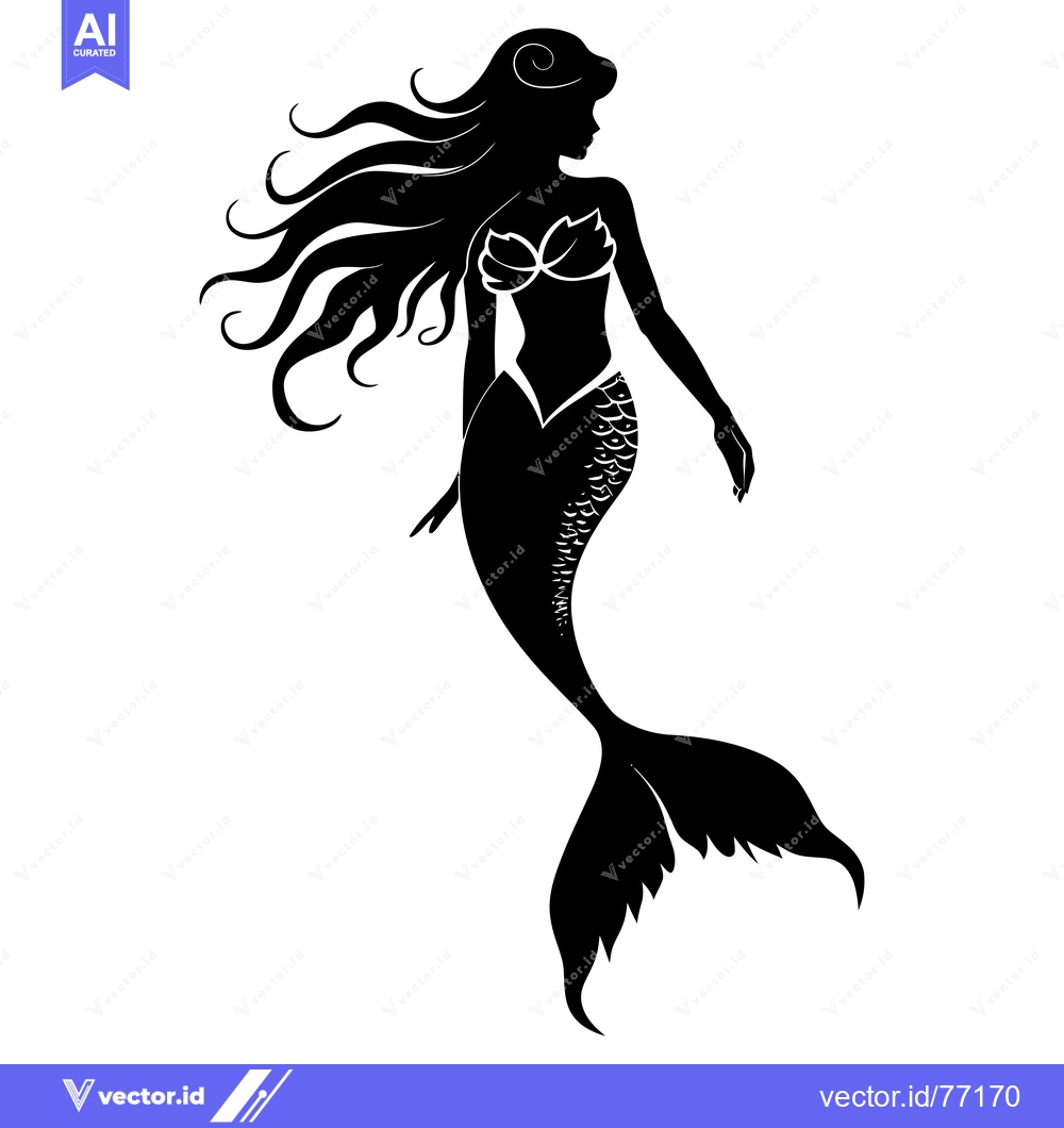 Premium Vector of Black Silhouette of a Mermaid with Flowing Hair and a Scaled Tail