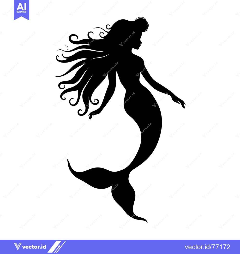 Premium Vector of Black and White Silhouette of a Mermaid with Flowing Hair