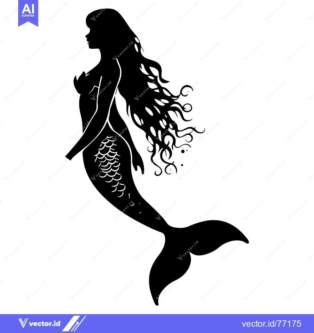 Premium Vector of A Black and White Silhouette of a Mermaid with Long Flowing Hair