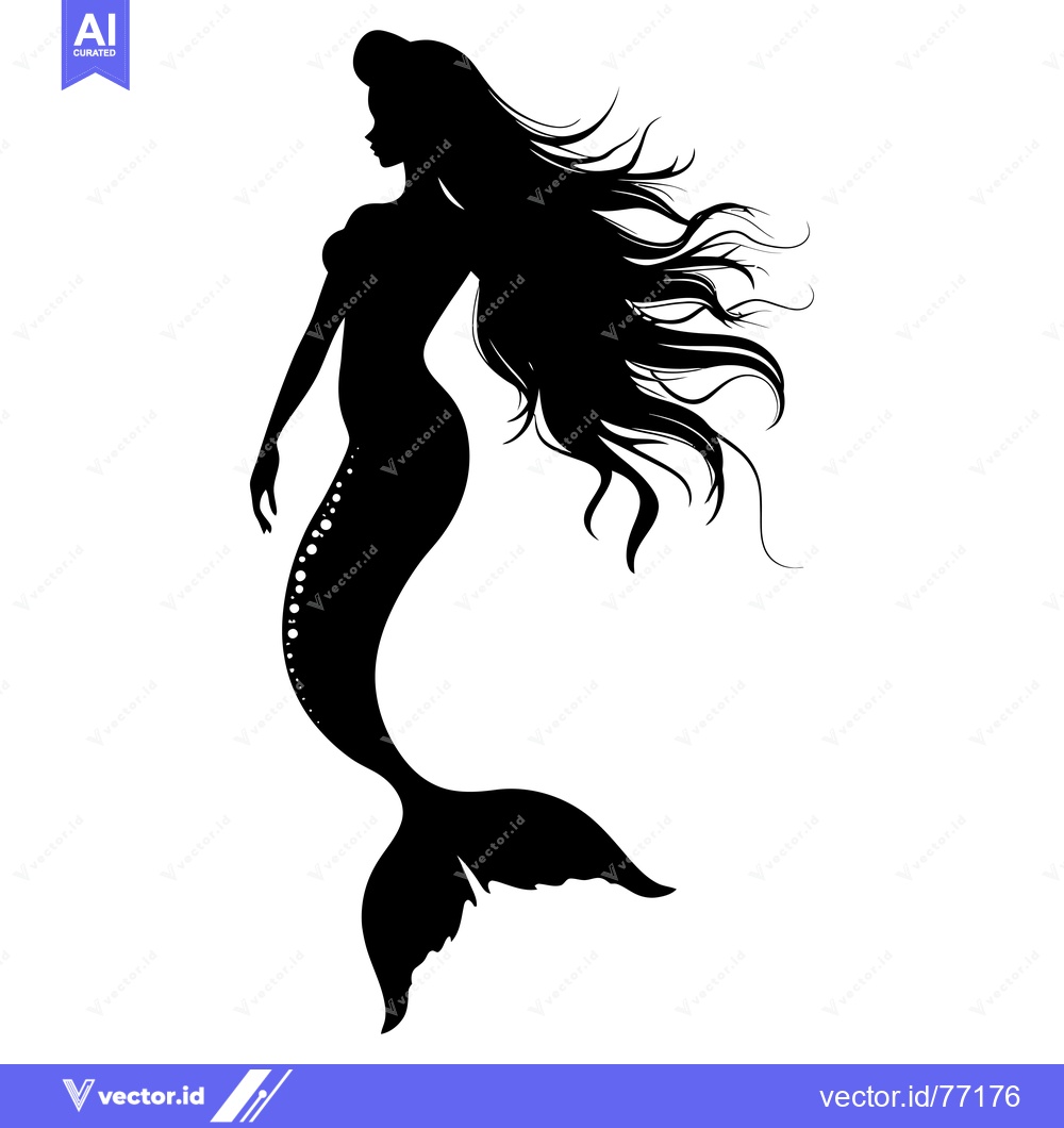 Premium Vector of Black Silhouette of a Mermaid with Flowing Hair and Scaled Tail