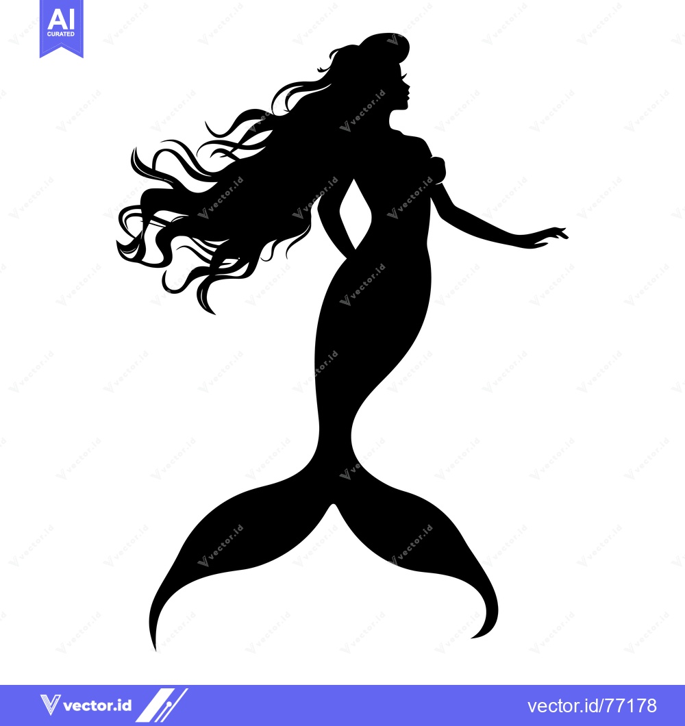 Premium Vector of Black Silhouette of a Mermaid with Long Flowing Hair