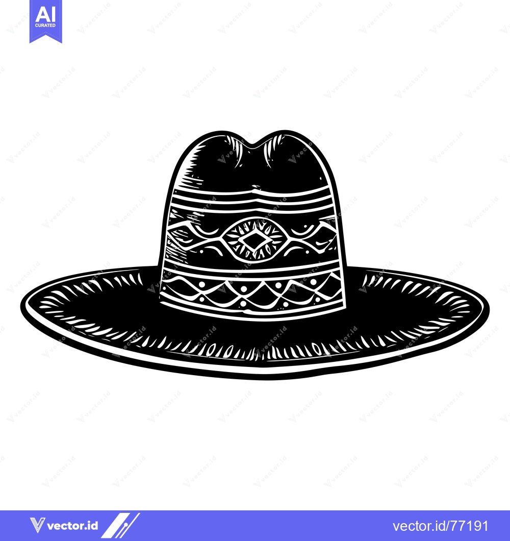 Premium Vector of A Black and White Illustration of a Wide-Brimmed Hat with a Detailed D