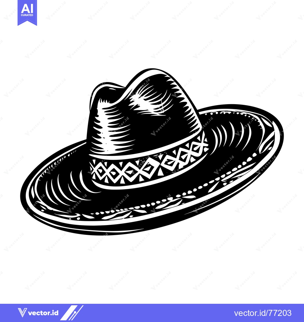 Premium Vector of Black and White Illustration of a Wide-Brimmed Sombrero