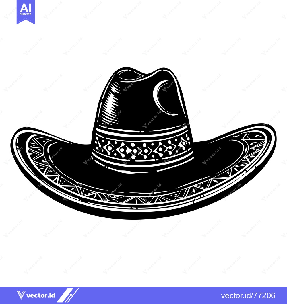 Premium Vector of Black and White Illustration of a Cowboy Hat with a Patterned Band