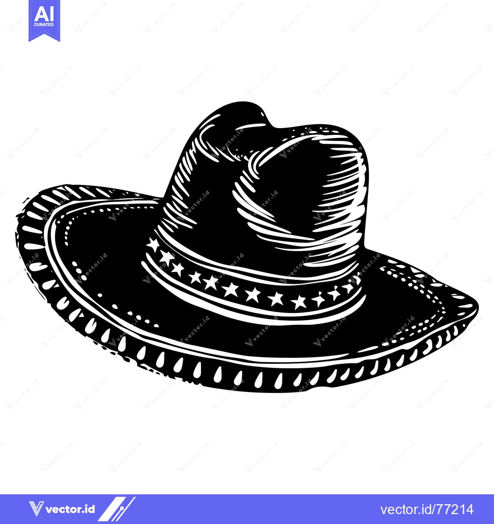 Premium Vector of Black and White Illustration of a Cowboy Hat with a Star-Shaped Band