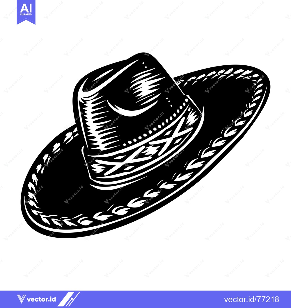 Premium Vector of Black and White Illustration of a Wide-Brimmed Hat with Decorative Det
