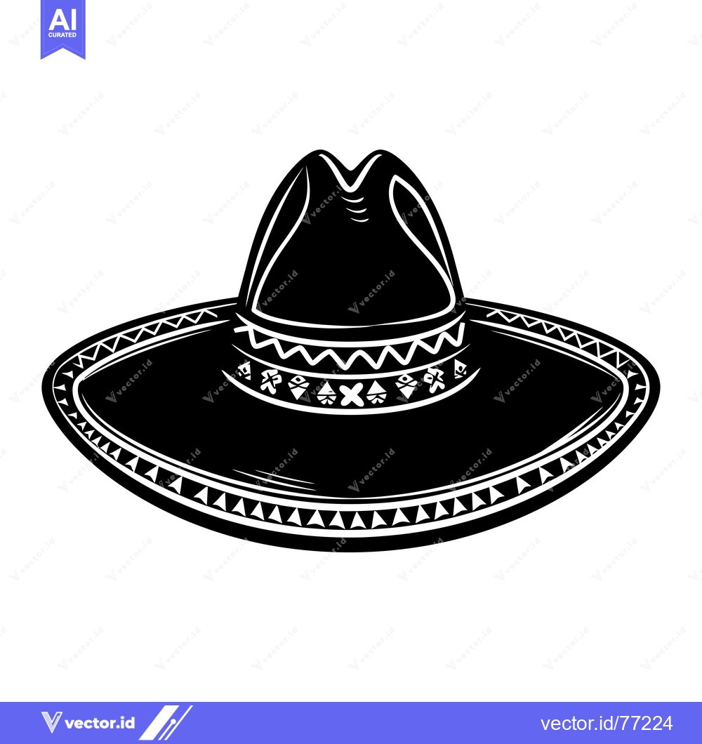Premium Vector of Black and White Illustration of a Sombrero with a Decorative Band