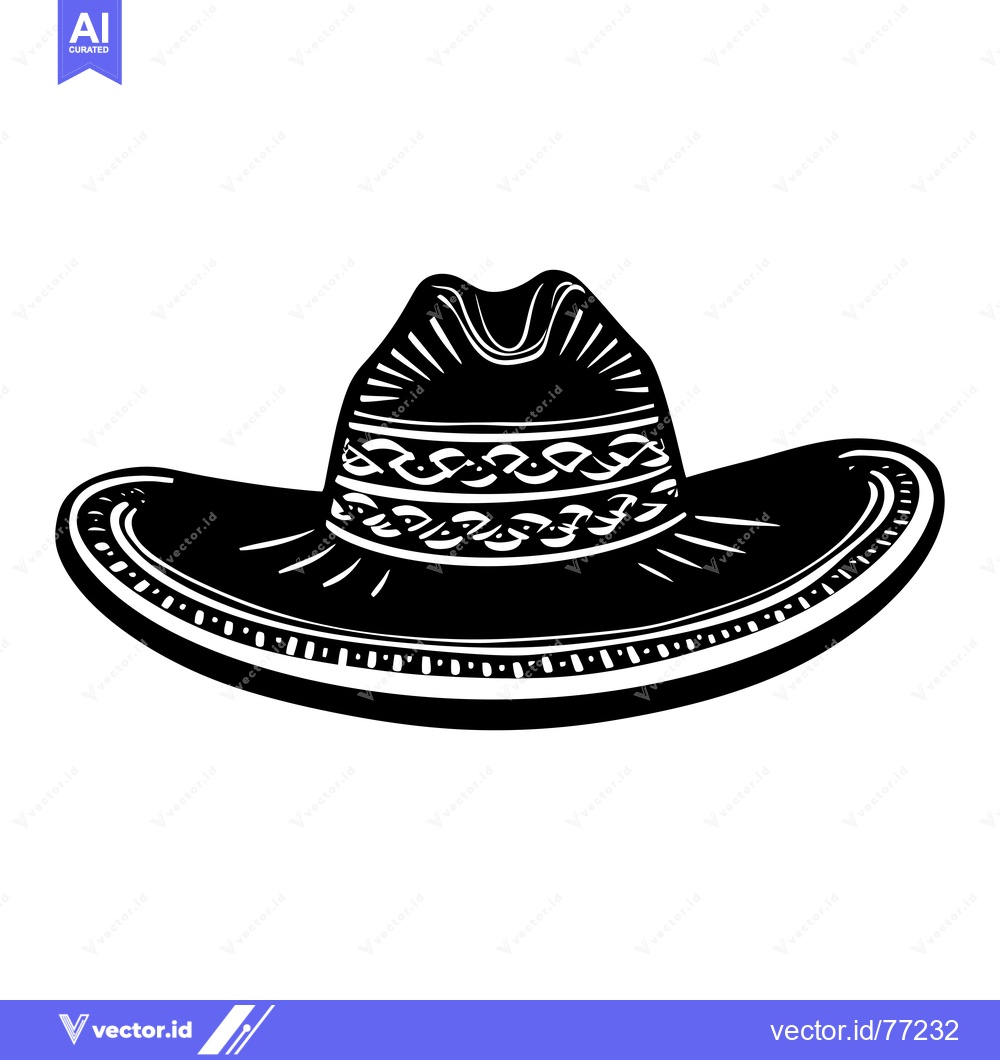 Premium Vector dari Black and White Illustration of a Wide-Brimmed Cowboy Hat with Intrica