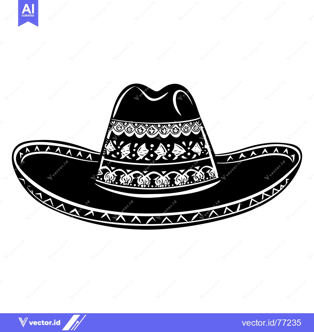 Premium Vector of Black and White Illustration of a Mexican Sombrero with Ornamental Det