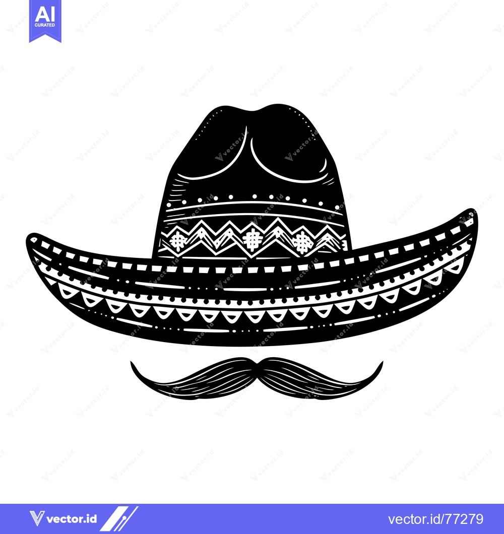 Premium Vector of Black and White Illustration of a Sombrero and Mustache