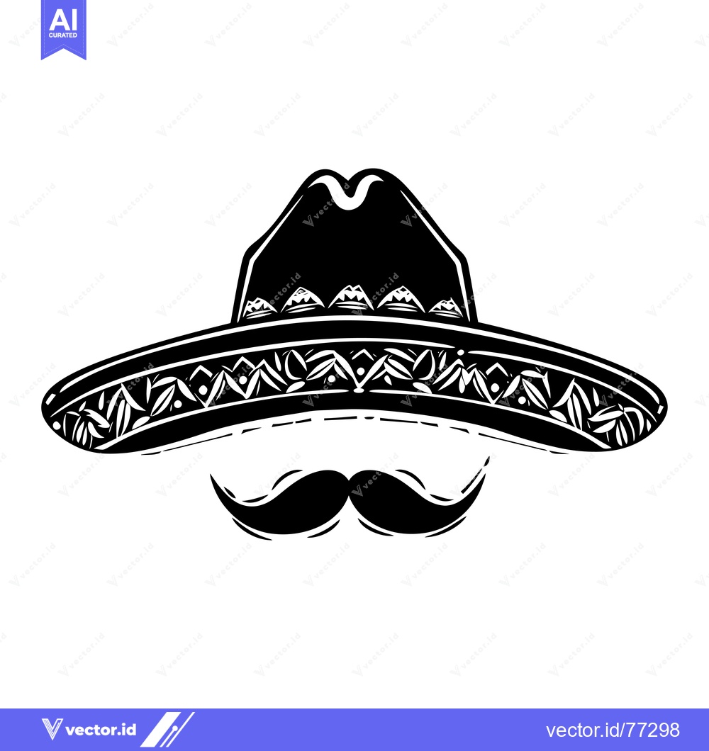 Premium Vector of Black and White Illustration of a Sombrero with Mustache