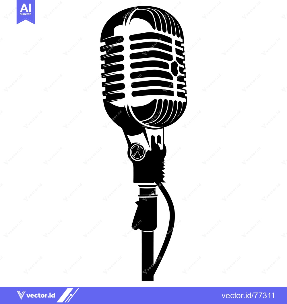 Premium Vector of Retro Microphone with Stand and Cable in Black and White