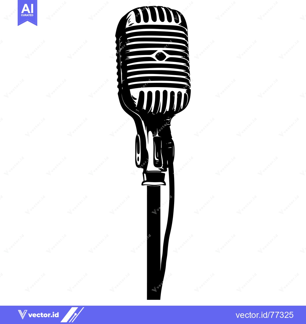 Premium Vector of Black and White Illustration of a Vintage Microphone on a Stand