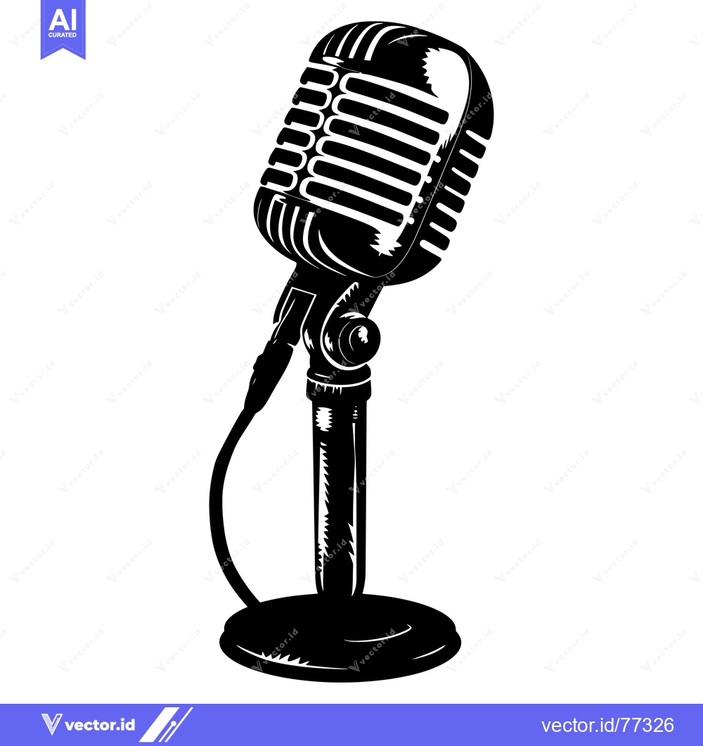 Premium Vector of Black and White Illustration of a Vintage Microphone on a Stand