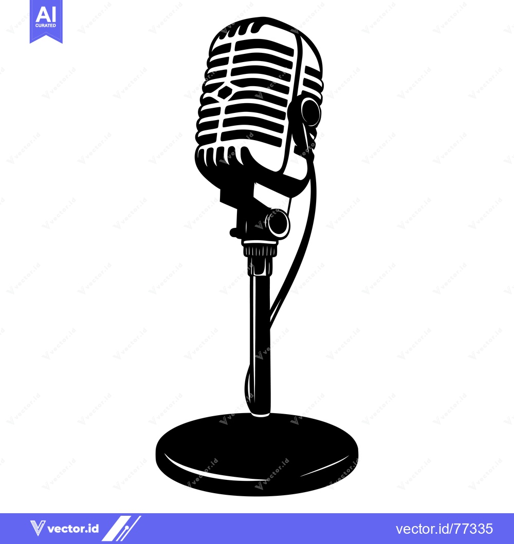 Premium Vector of Black and White Illustration of a Vintage Microphone on a Stand