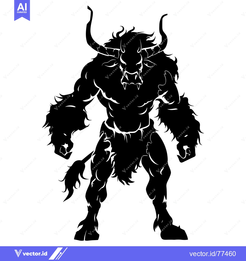 Premium Vector of Black and White Silhouette of a Minotaur with Horns and Fur