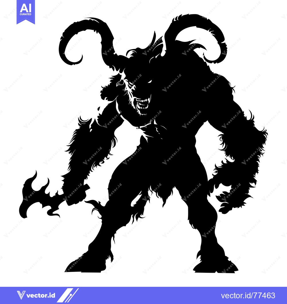 Premium Vector dari Silhouette of a Ferocious, Horned, Furry Creature with a Weapon