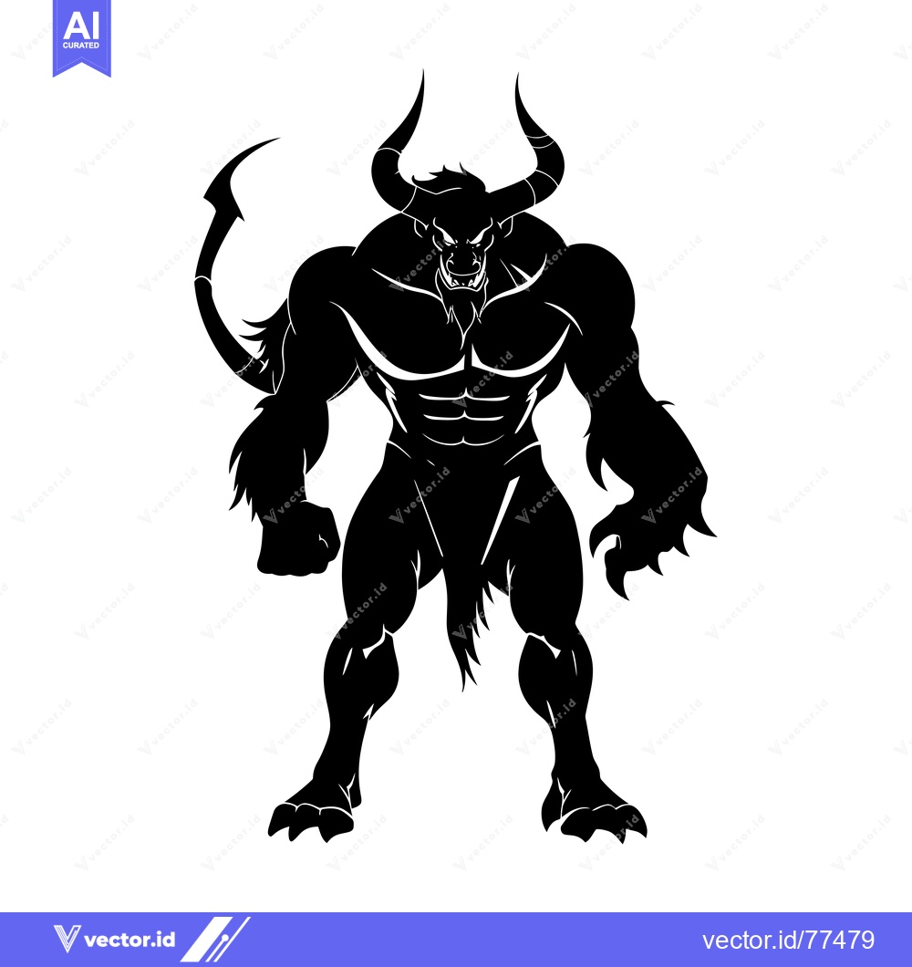 Premium Vector dari Black and White Silhouette of a Bull Demon with Horns and a Tail