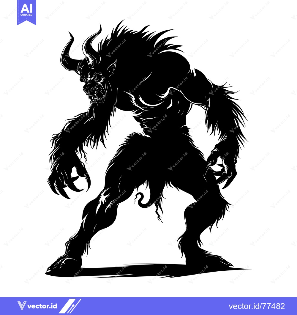 Premium Vector dari A black silhouette of a menacing, furry, horned beast with claws