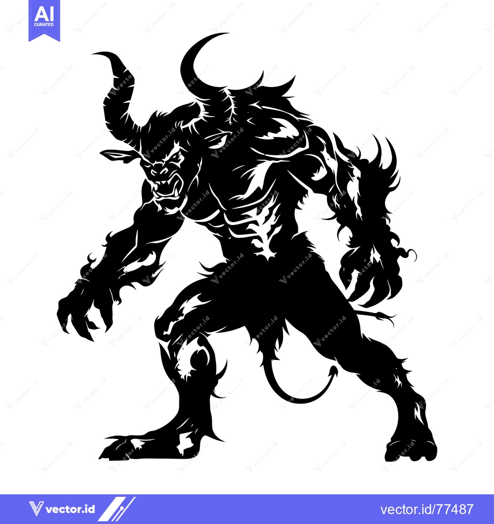 Premium Vector dari Black and White Silhouette of a Muscular Demon with Horns and Claws