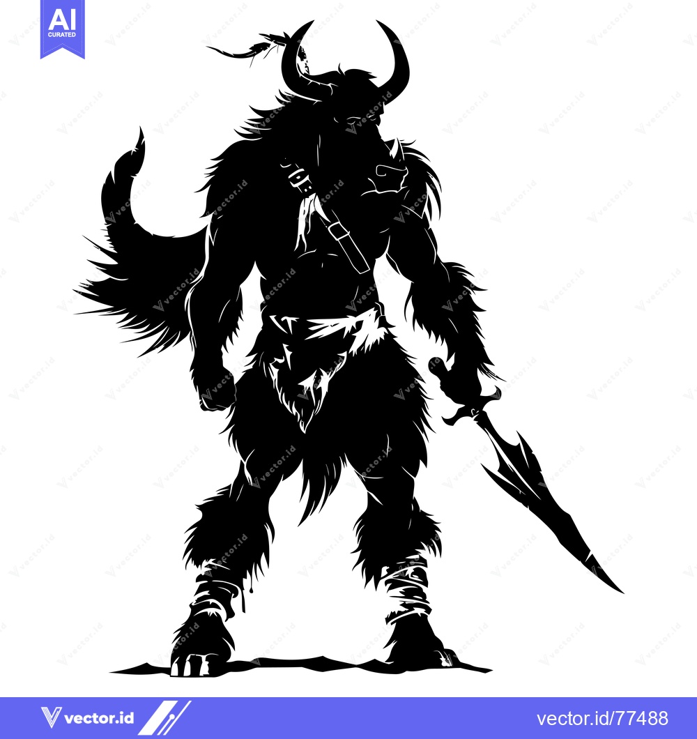 Premium Vector dari Black and White Silhouette of a Minotaur Warrior Holding a Spear