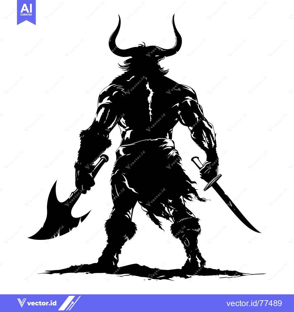 Premium Vector dari Silhouette of a Minotaur Warrior Holding an Axe and Sword