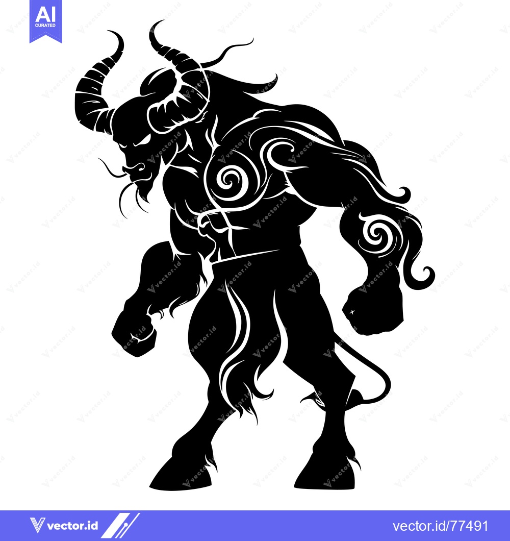Premium Vector of Black and White Silhouette of a Muscular Bull-Like Creature