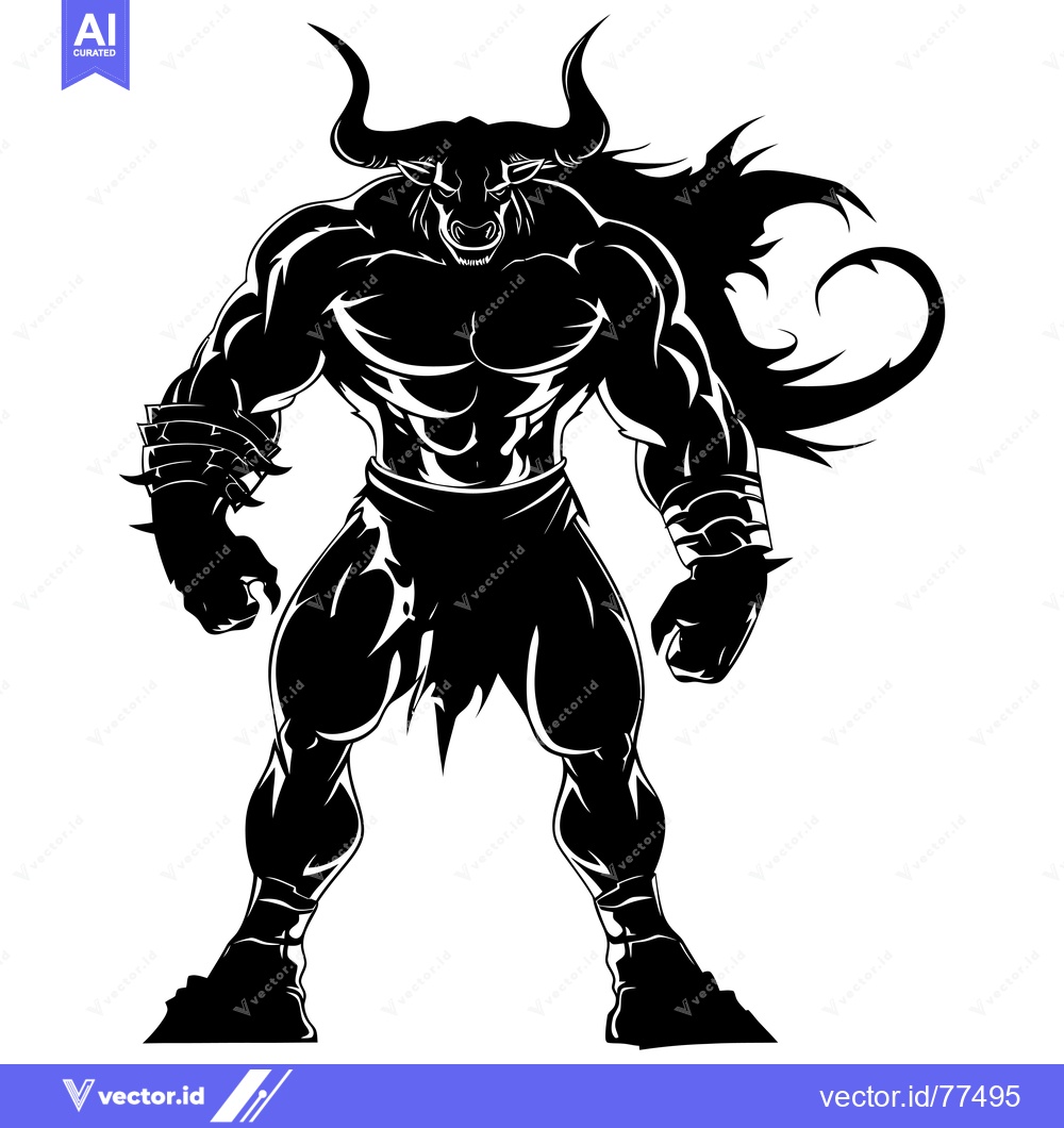 Premium Vector dari Black and White Silhouette of a Muscular Bull-Headed Warrior