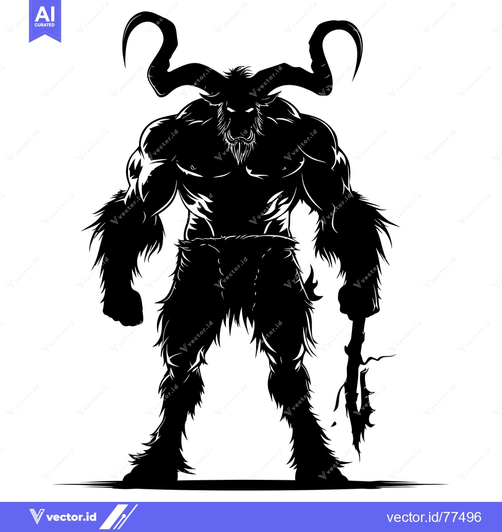 Premium Vector dari Silhouette of a Muscular, Horned, and Bearded Beast Holding a Weapon