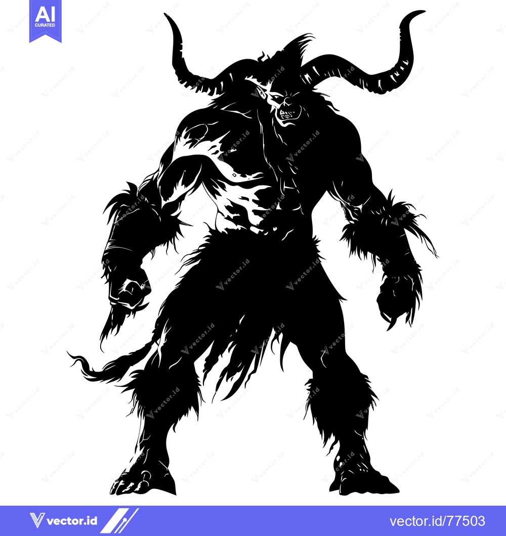 Premium Vector of Black and White Silhouette of a Demon with Horns and Fur