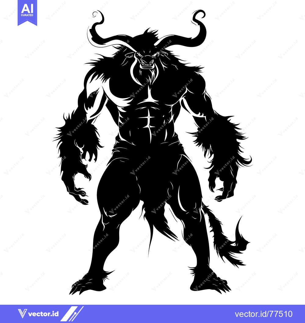 Premium Vector of Silhouette of a Muscular Bull-Like Creature with Horns and a Tail