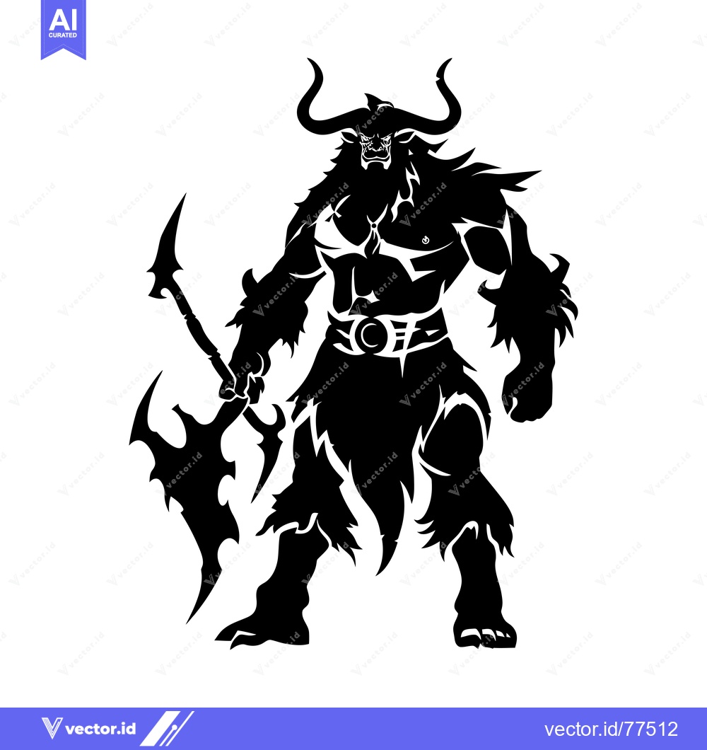 Premium Vector of A Black and White Silhouette of a Minotaur Holding a Spiked Weapon