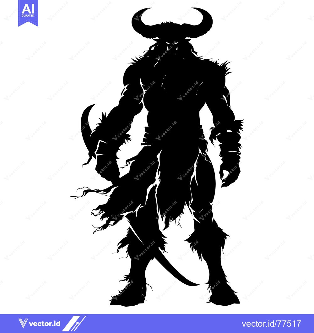 Premium Vector dari Black and White Silhouette of a Bull-Like Demon with Horns and Sword