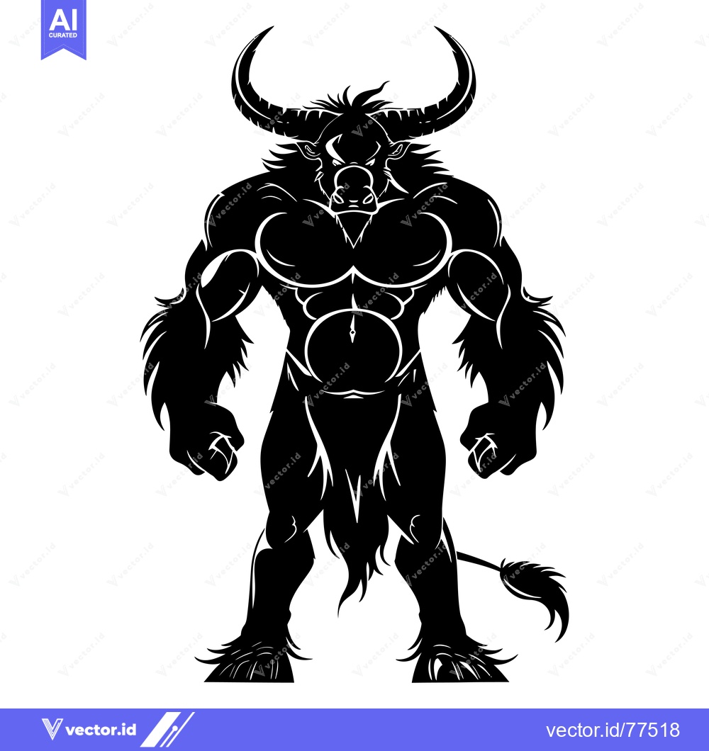 Premium Vector dari A Muscular, Black Silhouetted Minotaur With Large Curved Horns