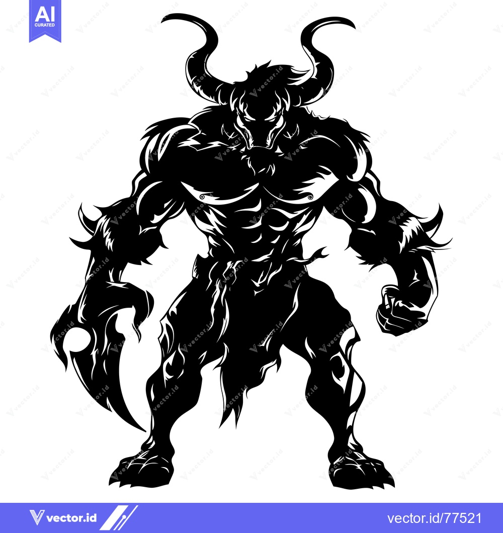 Premium Vector dari A Black and White Silhouette of a Muscular Bull-Like Demon with Horns