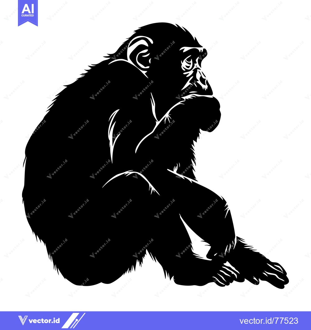 Premium Vector dari Black and White Silhouette of a Chimpanzee Sitting with its Hand to it