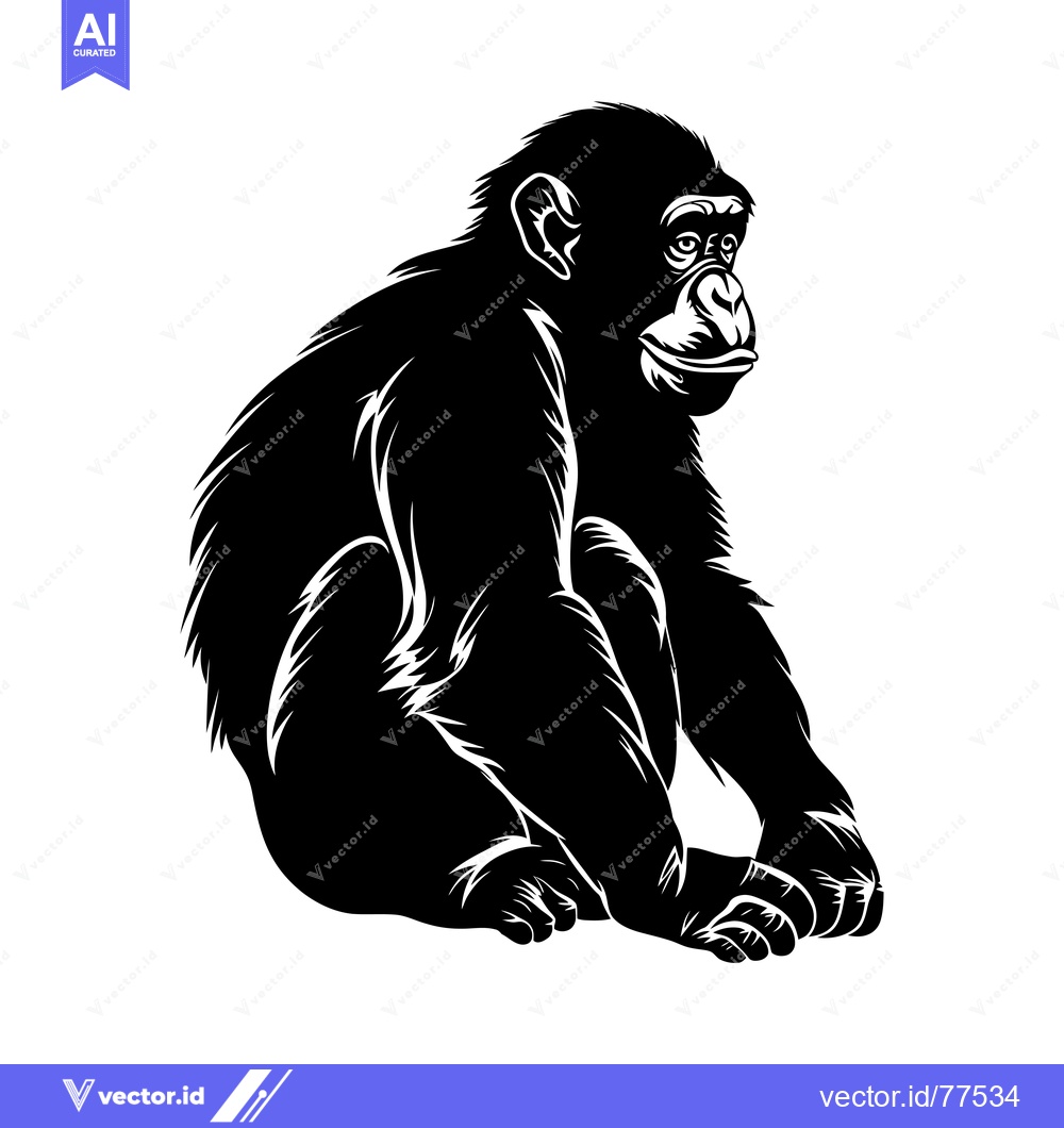 Premium Vector of Black and White Illustration of a Sitting Chimpanzee