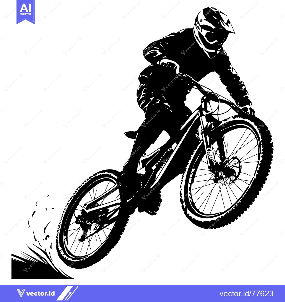 Premium Vector dari Silhouette of a Mountain Biker in mid-air, jumping over a dirt trail.
